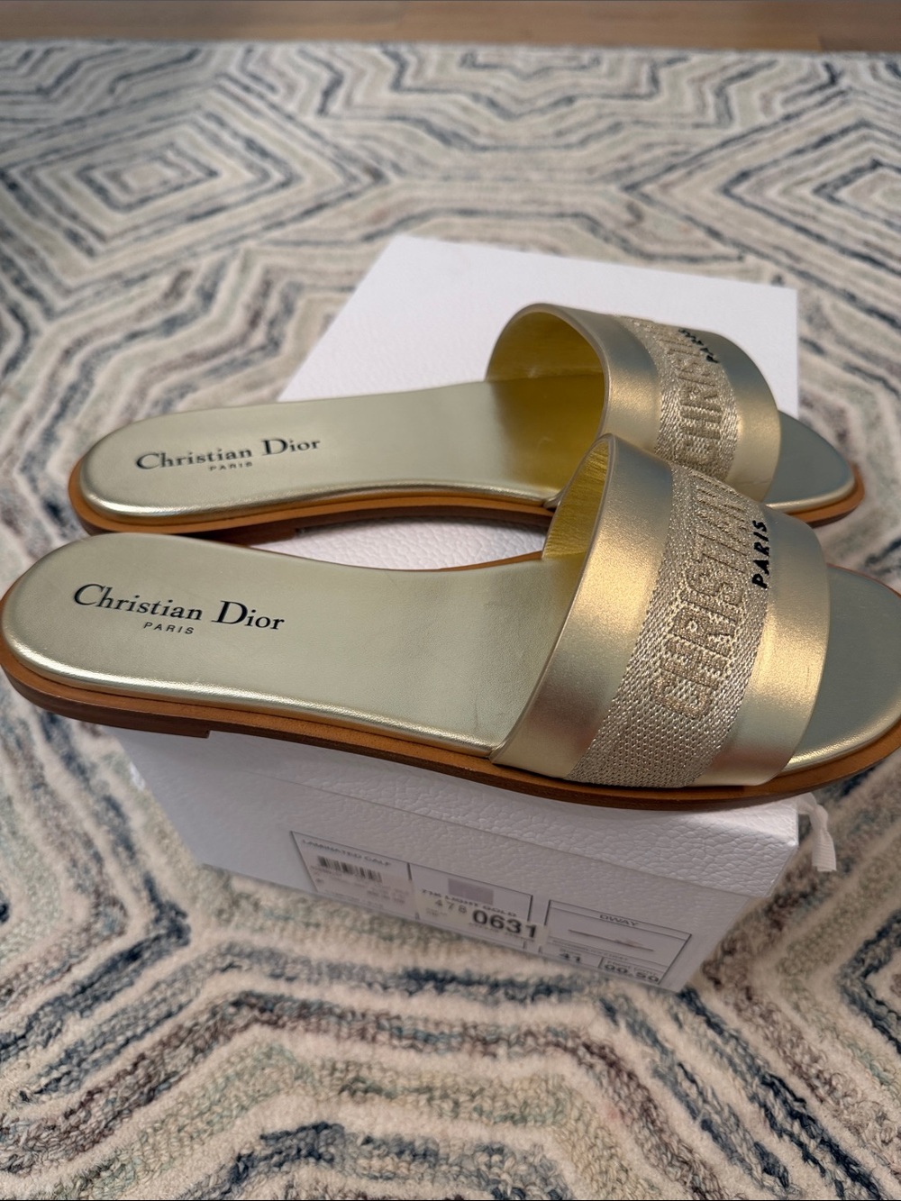Christian Dior Paris Metallic Gold Logo Band Slide Sandals- 41